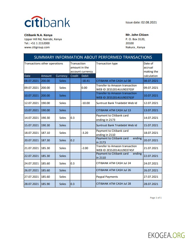 Modèle de relevé bancaire Kenya Citibank facile à remplir au format de fichier .xls et .pdf